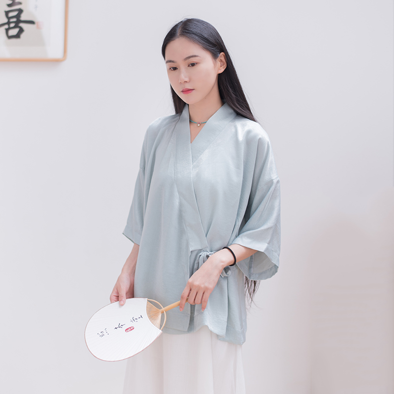 Xiao Gongzi gốc tưởng tượng Trung Quốc lụa satin loose-fitting cardigan cải thiện jacket trà váy SY97 chéo cổ áo của con người