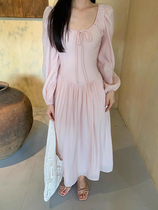 Zheng Zaizais French style square neck pink dress womens long-sleeved gentle style first love long dress summer tea break dress