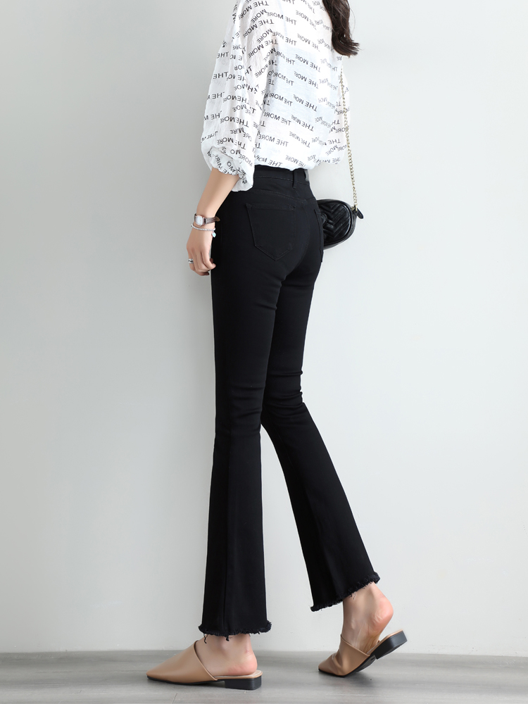 Black Microlao Jeans Woman 90% 2022 Spring autumn season Korean version High waist elastic display slim horn pants female long pants