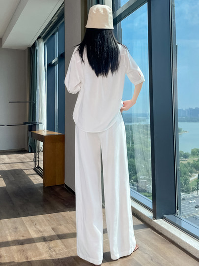 Italian-Style Light Luxury, Relaxed and Breathable Tencel Linen High-End Old Money Style Linen Shirt and Wide-Leg Pants Two-Piece Set
