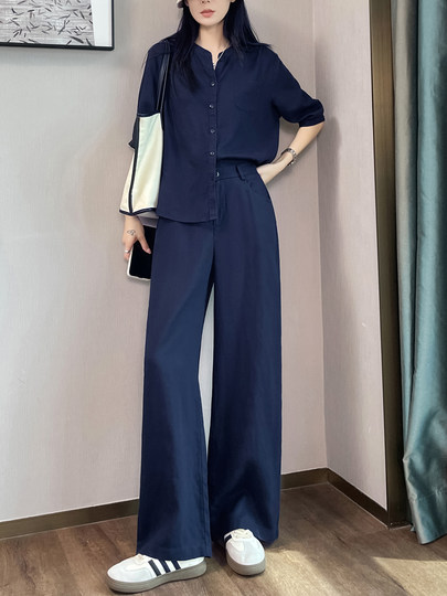 Italian-Style Light Luxury, Relaxed and Breathable Tencel Linen High-End Old Money Style Linen Shirt and Wide-Leg Pants Two-Piece Set