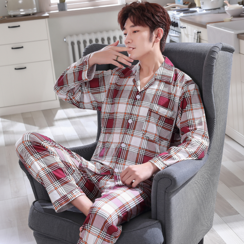 Mens đồ ngủ dài tay áo bông mùa xuân và mùa thu cardiganth mỏng trung niên bông mùa thu và mùa đông quần áo pajama mens nhà thiết.