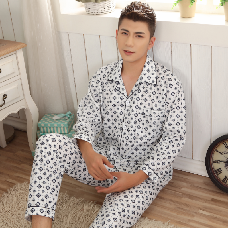 Mùa xuân và mùa thu mens trẻ bộ đồ ngủ dài tay bông trung niên mens pajamacard mens mùa hè quần áo nhà thiết.