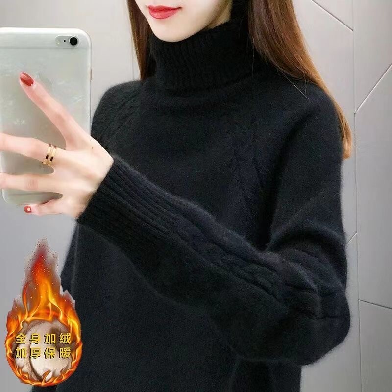 Plus Size Turtleneck Sweater for Women with Fleece Lining, Thick and Warm, Loose Fit, Slimming, Knitted Base Layer, Trendy