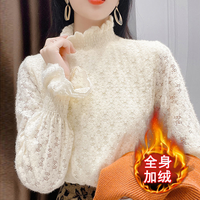 Plus-Size French Lace Fleece-Lined Base Shirt for Women, Autumn and Winter Long-Sleeve Chiffon Shirt with a Stylish Design