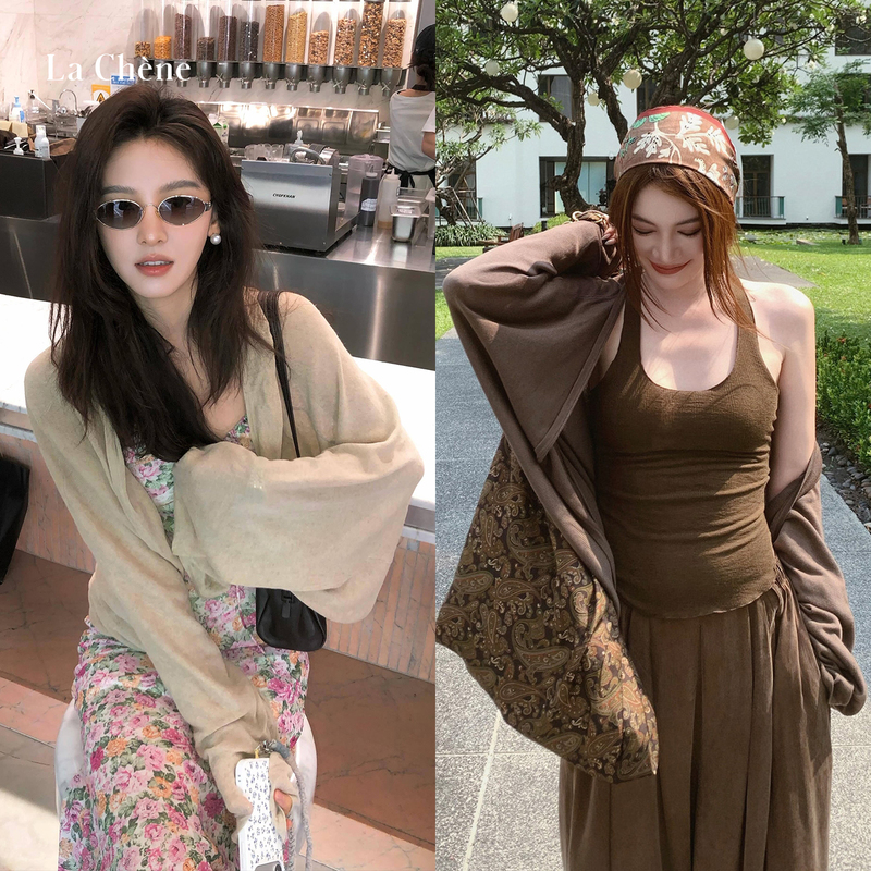 Zhang Ruonan's Same Style Unchatgris Batwing Sleeve Loose Knit Cardigan Top, La Chene Designer Brand