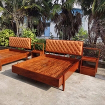 Wood mahogany hedgehog rosewood bedroom full solid 1 8m double bed Yue pear leather art bed 31990 flower new Chinese style
