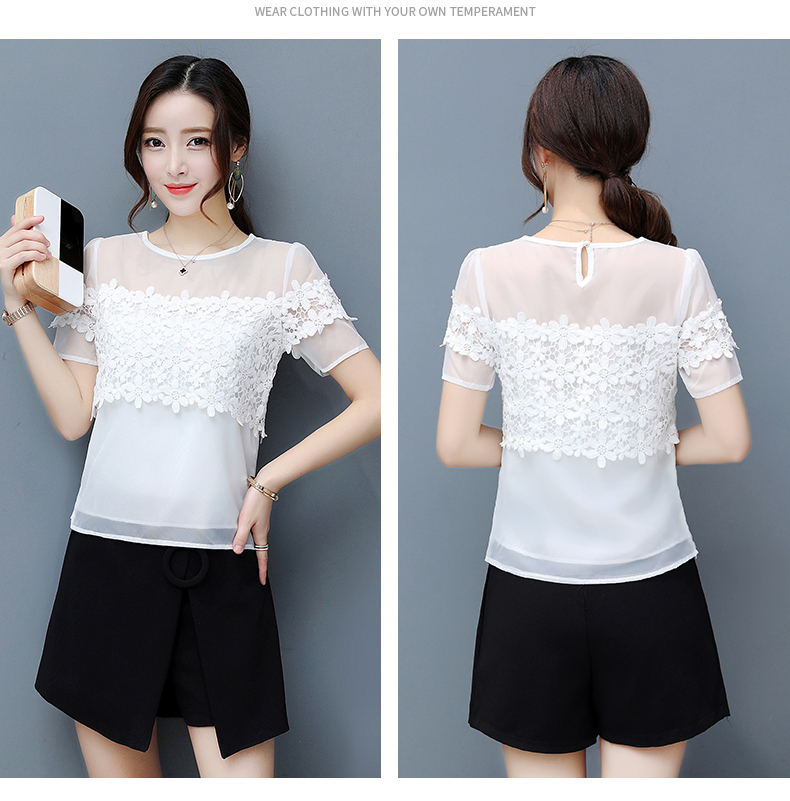 Hiện đại đè bẹp ren áo sơ mi nữ mùa hè 2018 mới ngắn tay rỗng áo sơ mi chiffon lưới mỏng hoang dã áo khoác thủy triều áo sơ mi nữ cao cấp hàng hiệu