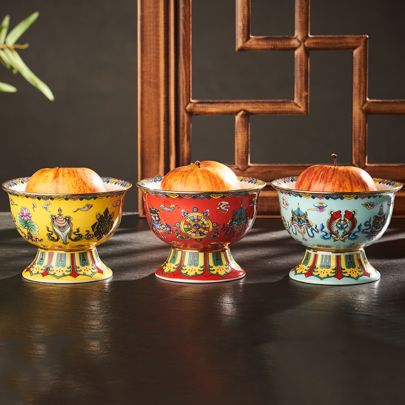 Enamel color micro-carved lotus flower eight auspicious bowl for The Buddha ceramic bowl high and low type of bowl vegetarian bowl