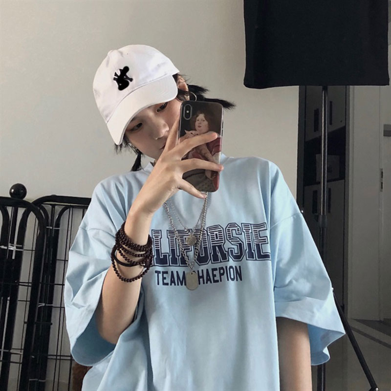 Light Bluebaby blue Short sleeve T-shirt female ins tide 2021 summer new pattern easy Korean version Cool girl Wear Half sleeve jacket