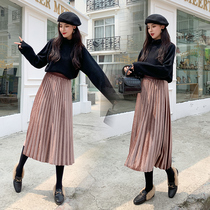 Pleated skirt skirt skirt autumn and winter womens 2021 New golden velvet medium long velvet high waist a long skirt