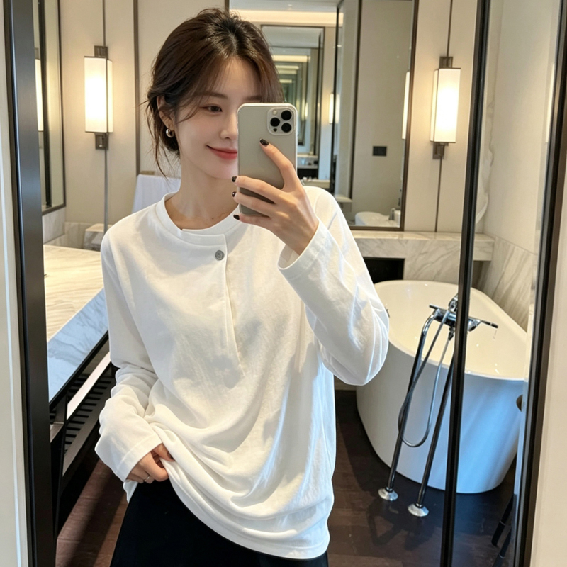2026 Autumn New Korean Style Pure Cotton Single Button White Long Sleeve T-Shirt for Women, Loose Minimalist Style Inner Wear White T-Shirt Trend