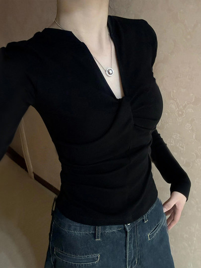 Черный женский топ с v-образным вырезом и короткими рукавами во французском стиле, лето 2025, новый нишевый дизайн, женский топ на правое плечо, утягивающий талию