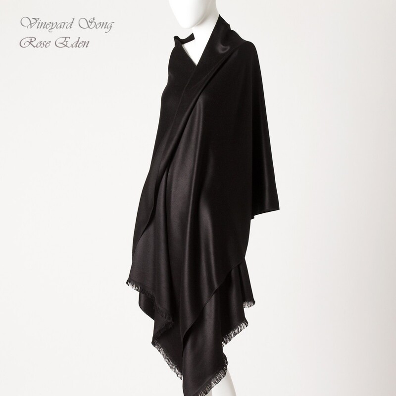 Re Italian Autumn Medium Weight Dense Silk Cashmere Satin Shawl, Jet Black High Gloss Satin Re Italian Autumn Medium Weight Dense Silk Cashmere Satin Shawl, Jet Black High Gloss Satin