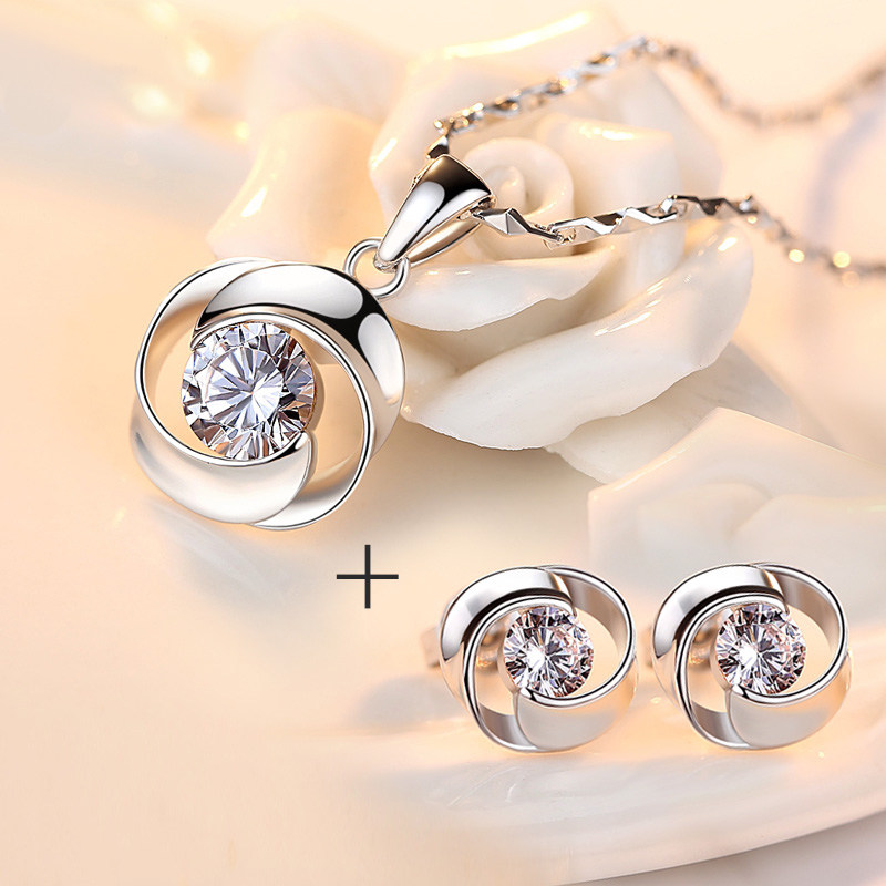 Gold Liufu S999 sterling silver necklace earrings Women's combination suit clavicle chain earrings Simple Japanese and Korean jewelry to send girlfriend