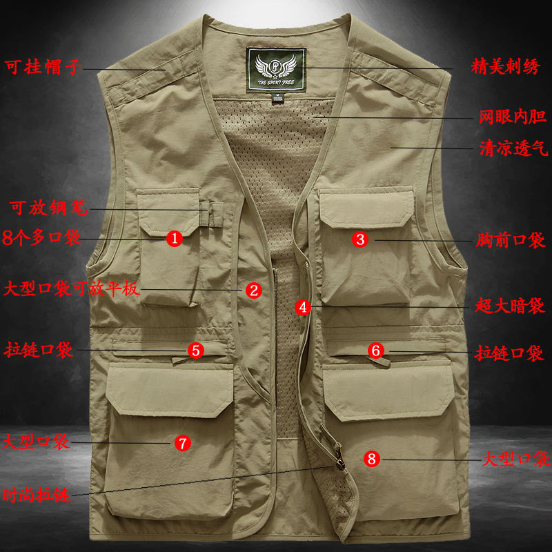 Director's Vest Men's Photography Fishing Vest Casual Multi-Pocket Workwear Vest Summer Outdoor Quick-Dry Vest for Men