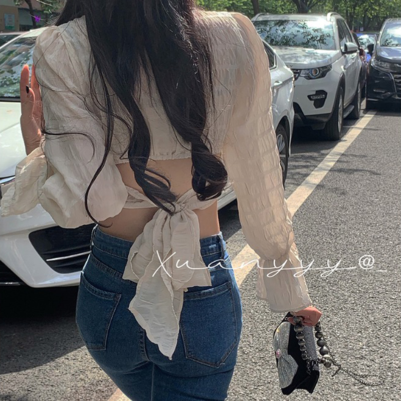 Spring short puff sleeve t shirt women's spring and autumn new hot girl backless bow tie slim long-sleeved top