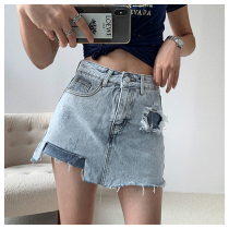 Irregular hole skirt 2021 summer new a-shaped high waist slim design feel hip denim shorts