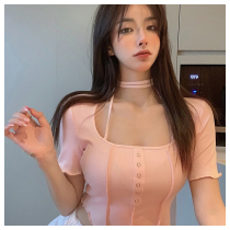 chict shirt female summer design sense niche short French pure desire hot girl Sexy Slim short sleeve shirt summer tide