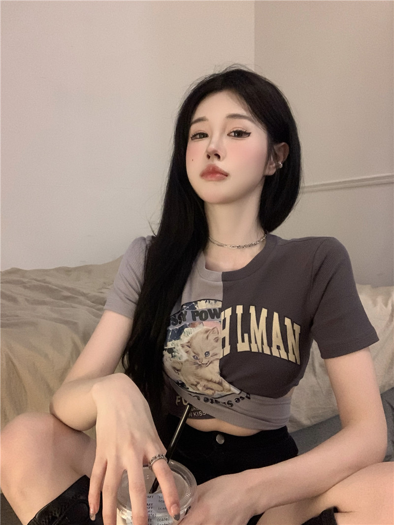 Design Sense Smart Tied T-shirts in summer European and American hot girl prints tight cross chin short sleeve tops