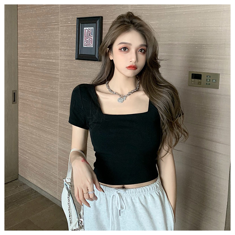 Black French square short sleeve t shirt in 2022 summer new pure dew clacks short coat tide Xia tide