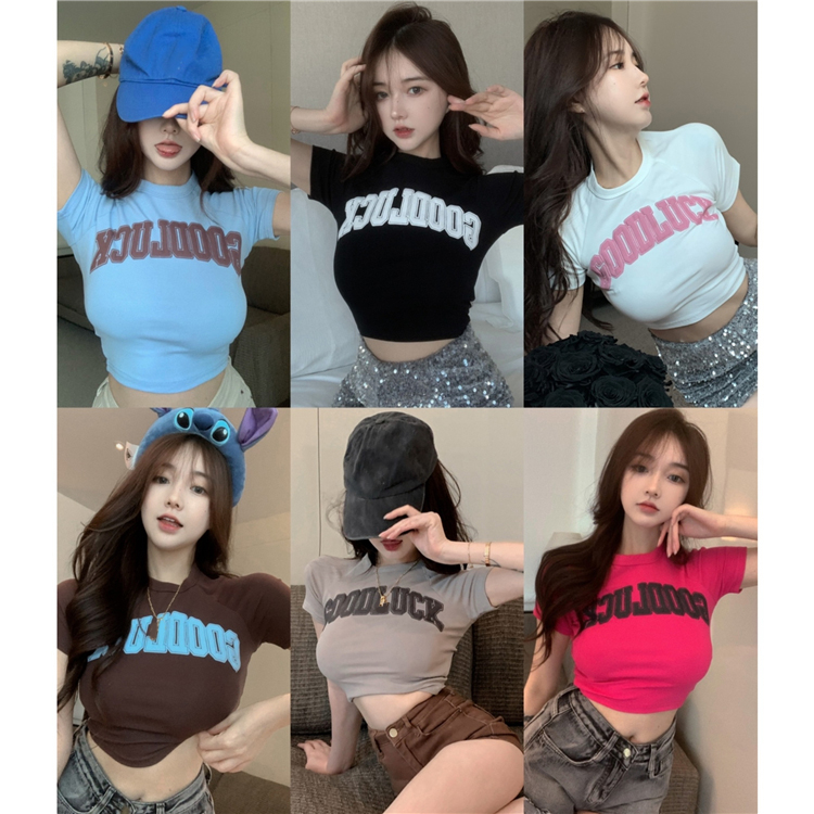 White letters straight shoulder short - sleeve T - shirt dress 2022 summer new hot girl desire American - style dew - navel coat