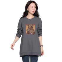 Bear round neck sweatshirt mid-length womens spring and autumn plus size plus size 2024 new fat mm belly cover top for age reduction