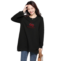 Red Cherry Large Size Bottoming Shirt Covers Belly and Makes Slimming 2024 Spring New Arrival Top Medium Long Black Sweatshirt for Women