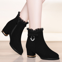 Boots womens boots 2021 New plus velvet warm mid-heeled black suede mother thick heel ladies high heels