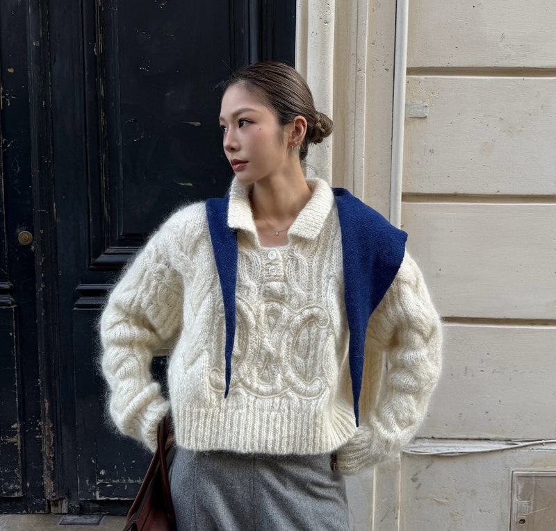 C Brand 25 Autumn/Winter New Collection Wool Mohair Cable Knit Lapel Short Thick Sweater Knitwear Casual Style Top C Brand 25 Autumn/Winter New Collection Wool Mohair Cable Knit Lapel Short Thick Sweater Knitwear Casual Style Top
