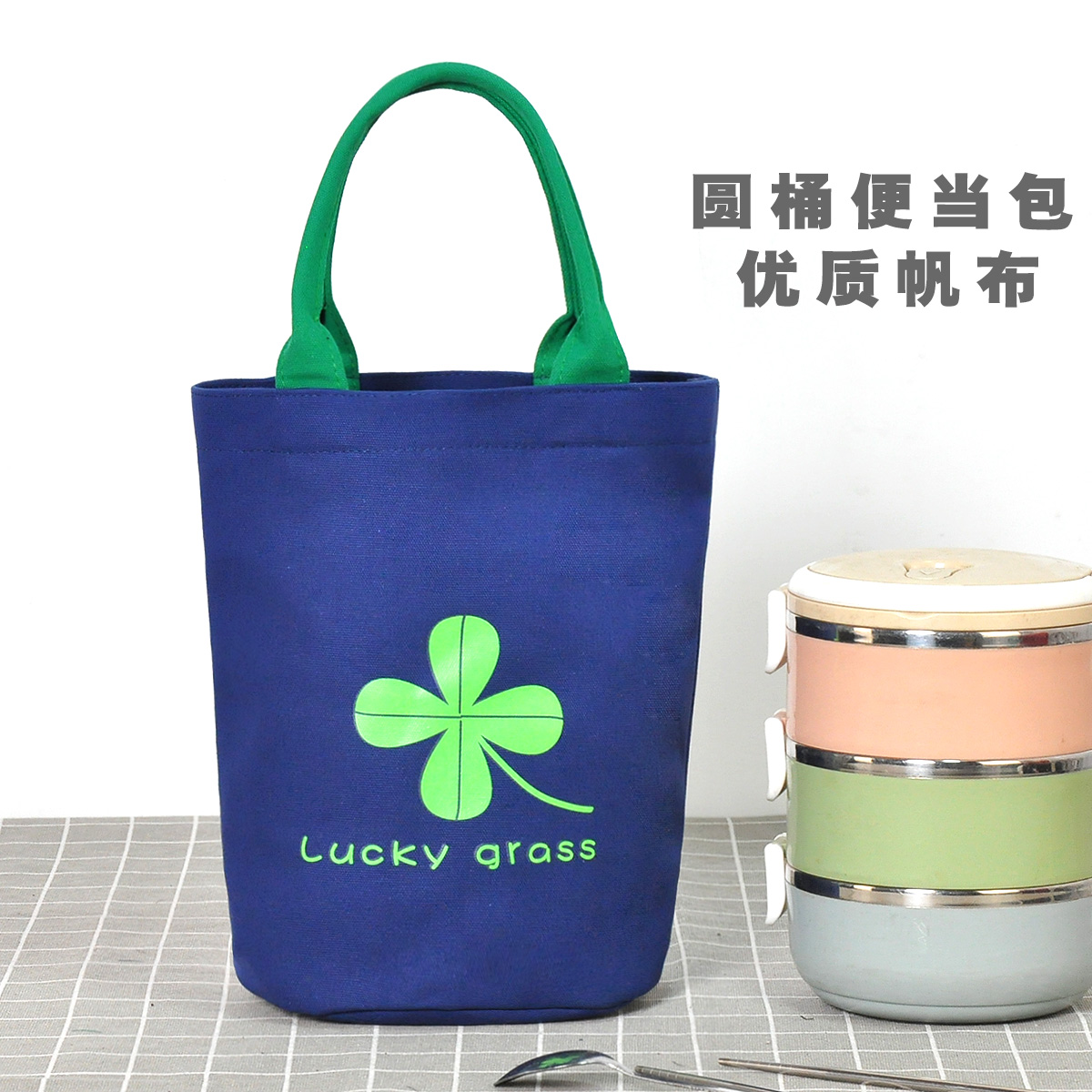 Korean round bucket lunch with women's bag thickened canvas bento bag handbag student brunch packaging rice small bag