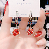Korean temperament Red Cats Eye Stone earrings 925 sterling silver pin fashion wild ring ring ear nail Net red earrings autumn and winter