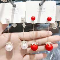 Red earrings womens long temperament high-end pearl earrings 2020 new trendy Korean all-match net red earrings