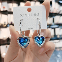 Korean version of blue crystal love earrings female S925 sterling silver needle high-quality French temperament peach heart earrings net red earrings