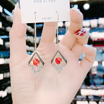Temperament long tassel geometric earrings female senior feel Diamond Cats Eye Stone earrings Joker Joker fashion face thin earrings