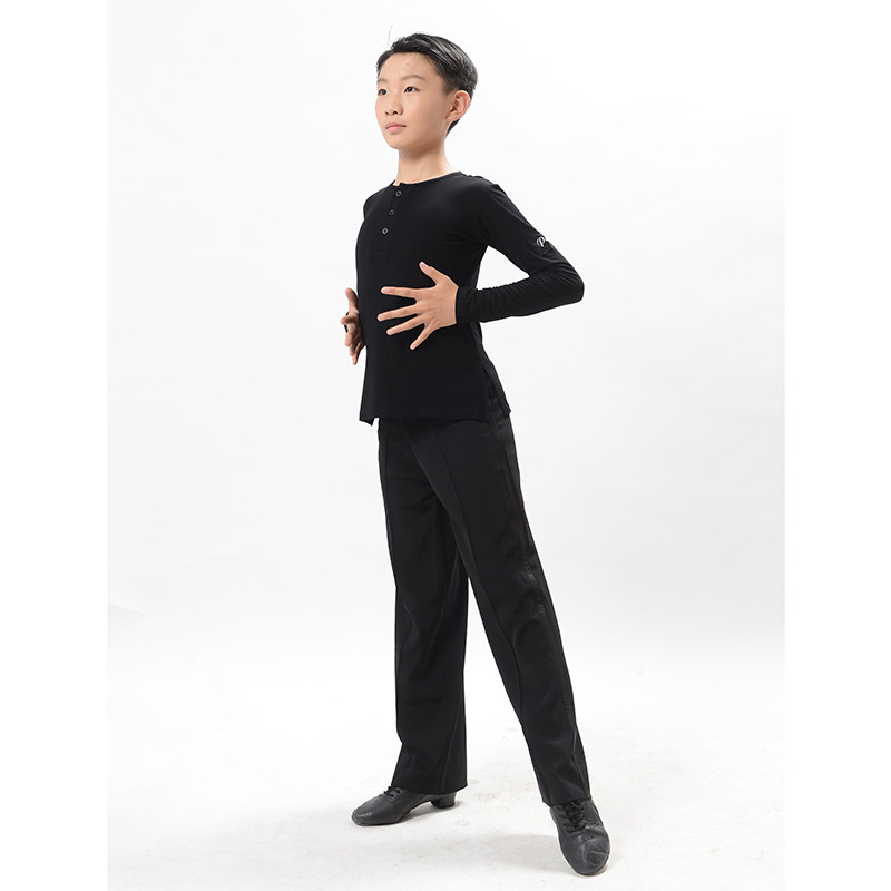 Young boy boy boy acting suit training suit T-shirt long sleeve wood Deir cotton side open fork three-grain buckle