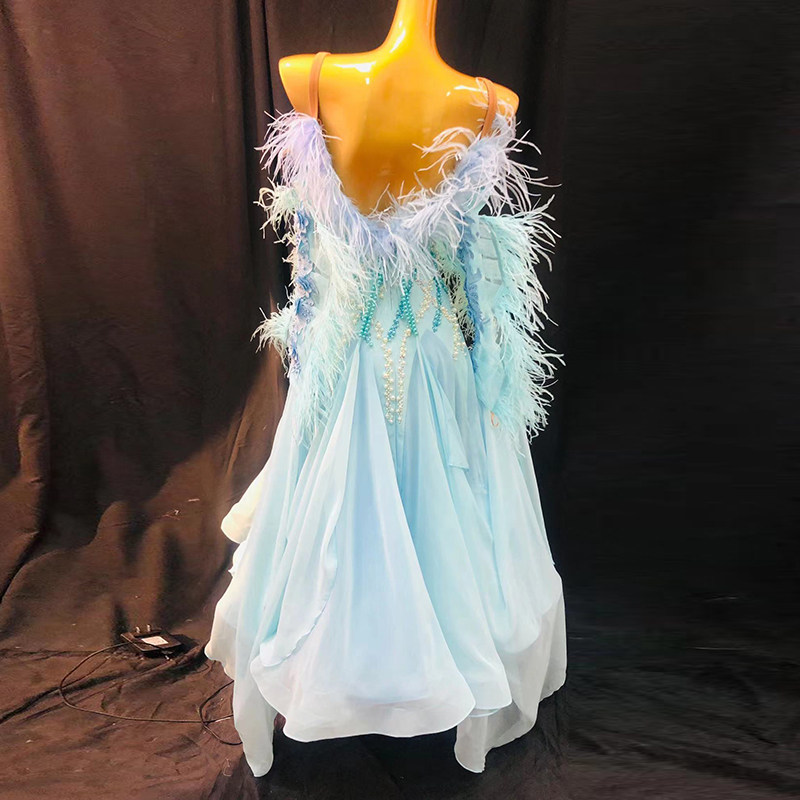 Imported snow textile Modern dance skirt imitating the national standard dance show outfit ostrich Mao waltz performance suit