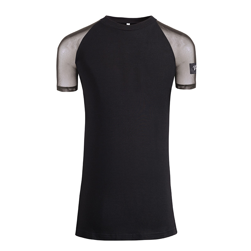 Men's Latin dance short sleeve blouses Practice Suit Training practice clothes open fork T-shirt elastic close-fitting small round collar