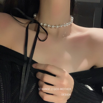 Black silk with butterfly knot pearl necklace woman fashion style summer light extravagant and small crowdlock bone chain neck chain necklace necklace accessories