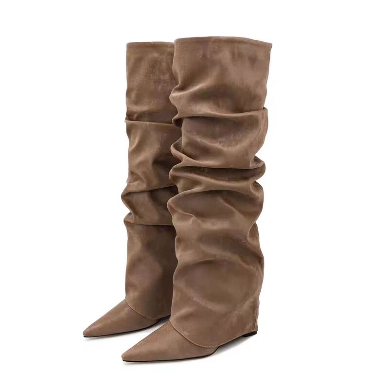 【Gulina Naza Style】Stacked Boots with Pointed Toe, Wedge Heel, Pleated Boots for Women, High-Heeled Sexy Bootcut Boots, Plus Size, Export 【Gulina Naza Style】Stacked Boots with Pointed Toe, Wedge Heel, Pleated Boots for Women, High-Heeled Sexy Bootcut Boots, Plus Size, Export