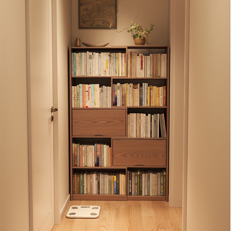 Solid Wood Bookcase, Free Combination Grid Cabinet, Living Room Floor-Standing Storage Rack, Retractable Display Cabinet, Bookshelf Integrated Against the Wall