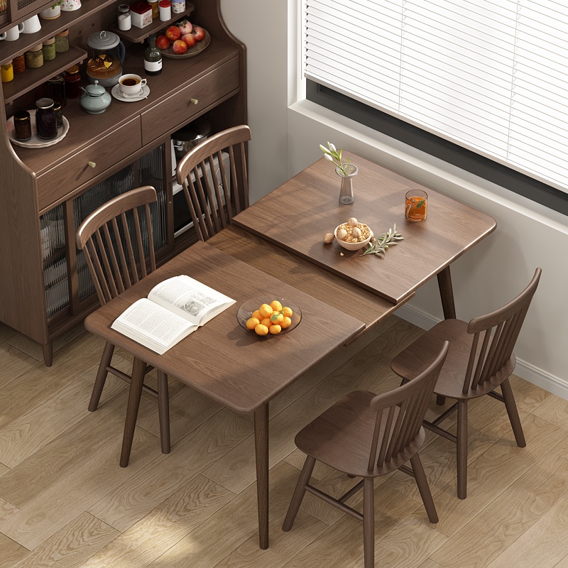 Solid wood retractable dining table home small apartment simple foldable stretch square dining table Chinese walnut color dining table