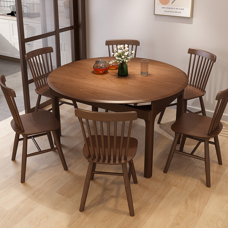 All solid wood dining table and chairs round Nordic simple modern dining table small apartment retractable dining table variable round table home