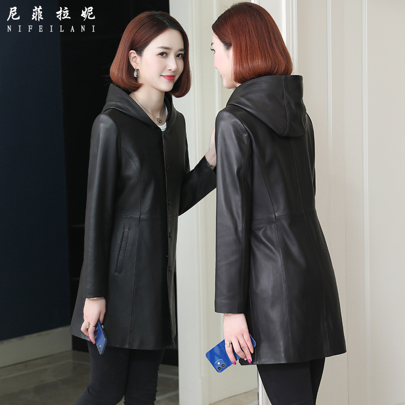 Henning genuine leather clothing female medium long version plus hypertrophy clothes spring autumn high-end tandem hat leather jacket sheep leather windsuit jacket