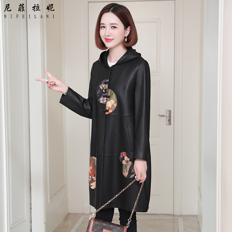 Mid-length leather windbreaker hooded 2022 new spring and autumn thin section large size fat mm casual sheepskin leather leather women's