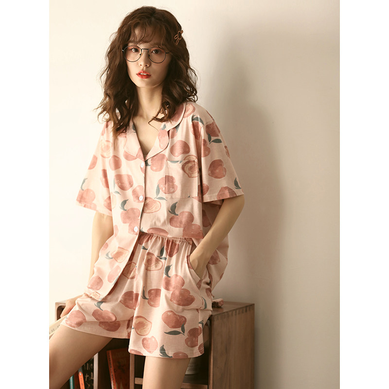 2021 new pajamas women summer thin cotton short sleeve net red explosions cute Japanese peach two-piece suit