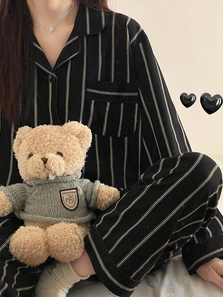 CaltoKrosa~spring and autumn Korean couple pajamas woman pure cotton long sleeve stripes simple senior home suit