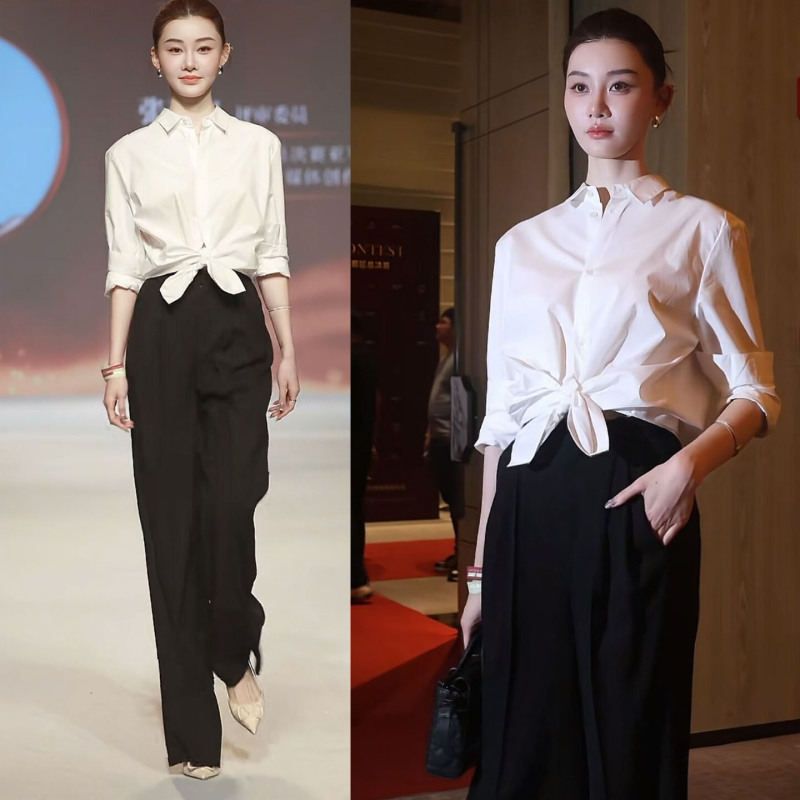 Celebrity Car Model Zhang Rui'Er's Same Style White Shirt with a Stylish Small Square Collar + Black Pants with Subtle Stripes