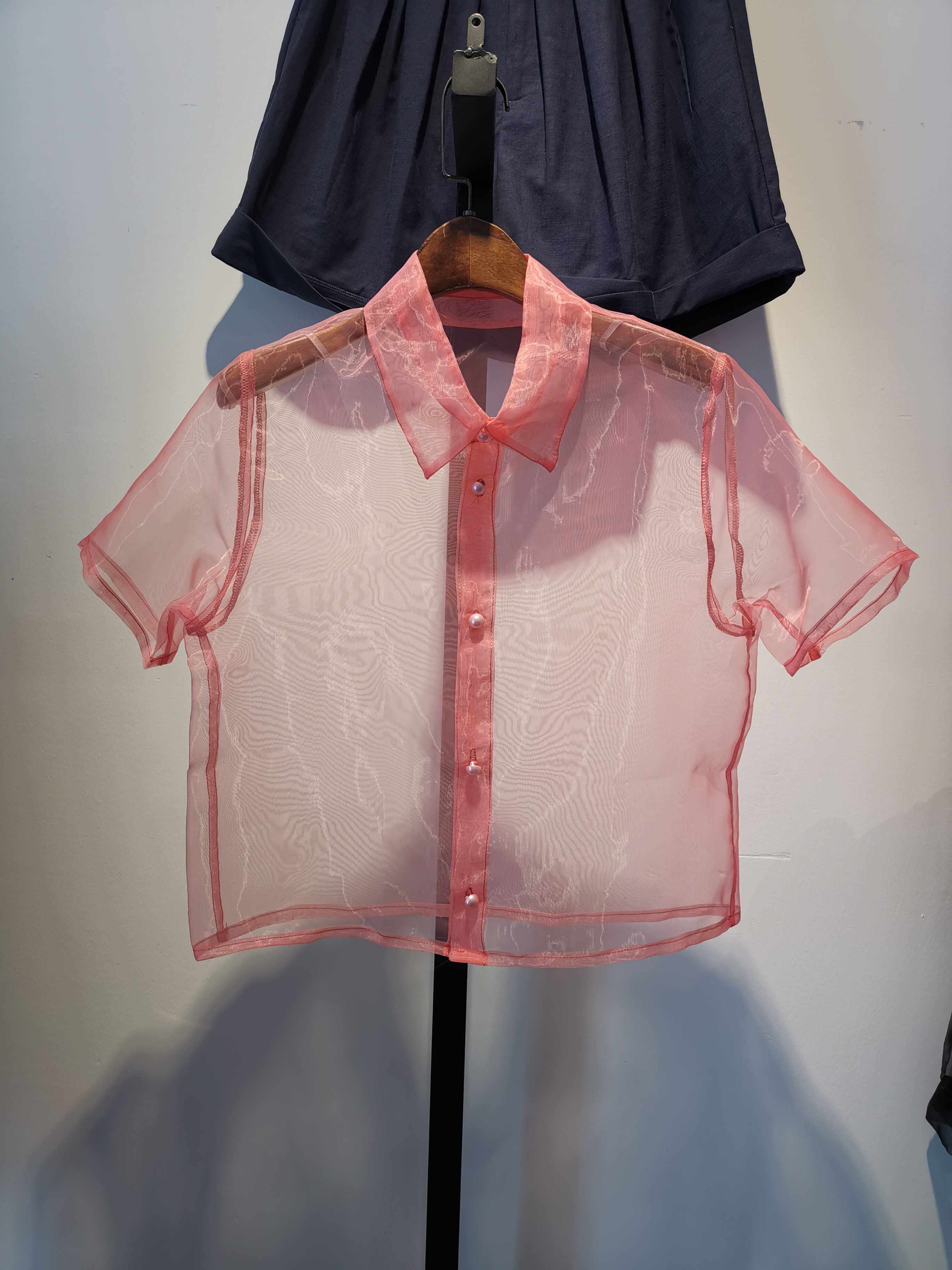 товар из китая 粒粒定制西瓜红短款欧根纱尖领短袖若隐若现假领子内搭外穿包邮