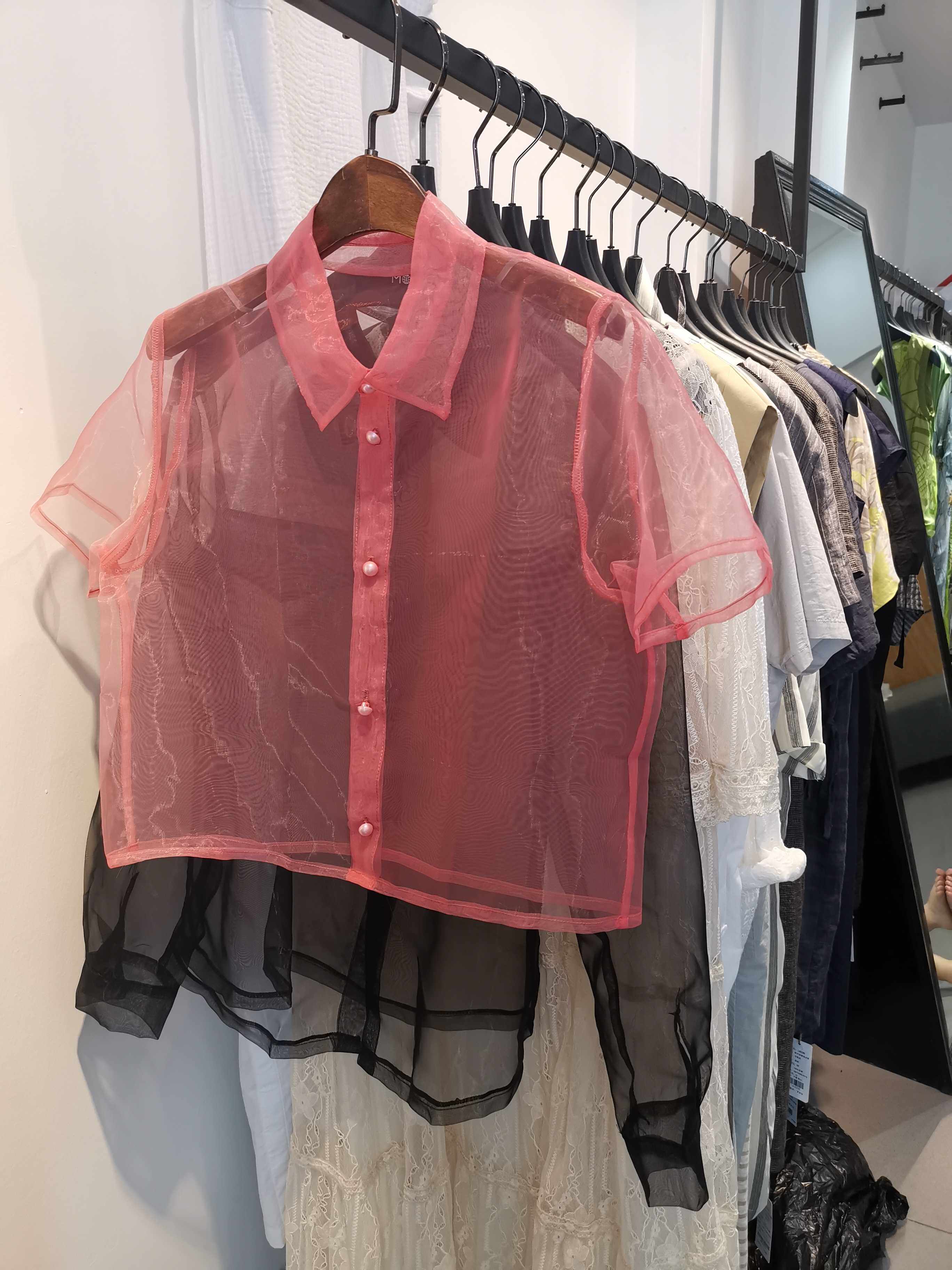 товар из китая 粒粒定制西瓜红短款欧根纱尖领短袖若隐若现假领子内搭外穿包邮